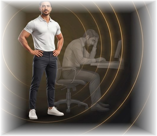 Aayush Mishra's fit client standing confidently, with a faded silhouette of an exhausted desk-job worker behind him, symbolizing the Desk Job Reset transformation